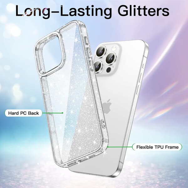 Glittercover til iPhone 16 Pro 6.3-tommer, Bling Glitrende Stødsikkert Telefoncover, Sødt Glitrende til Kvinder og Piger (Transparent)