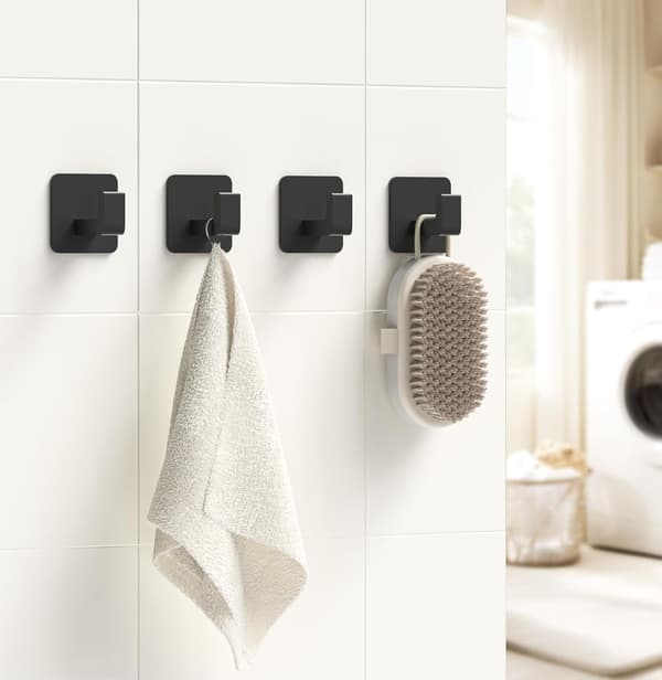Self-Adhesive Towel Hooks 4-pack - Square Wall Hooks for Towels Jackets Kitchen Bathroom - Modern Black Design