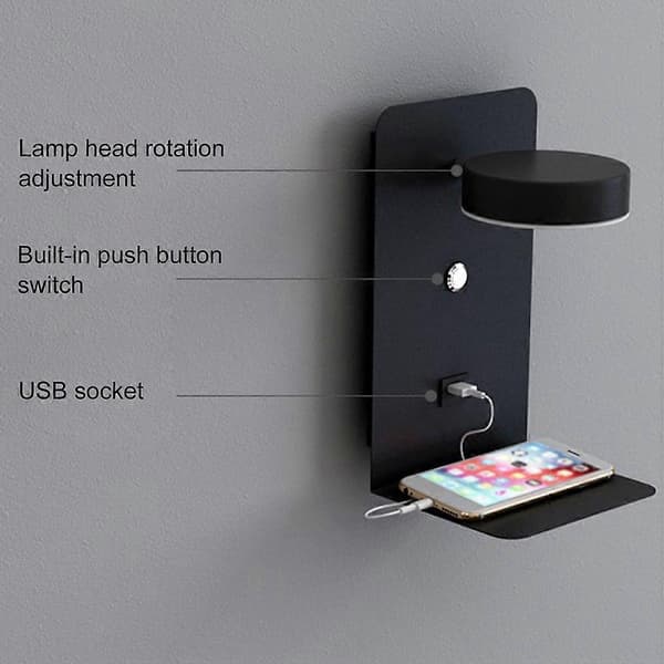 Reading Wall Lamp with USB Port, Creative Bedside Lamp with Shelf and Switch