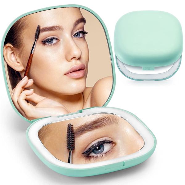 Magnifying Mirror, Travel Makeup Mirror with Light, Portable 1X/5X Magnifying Compact Mirror LED Pocket Mirror Handheld Compact Mirror Green