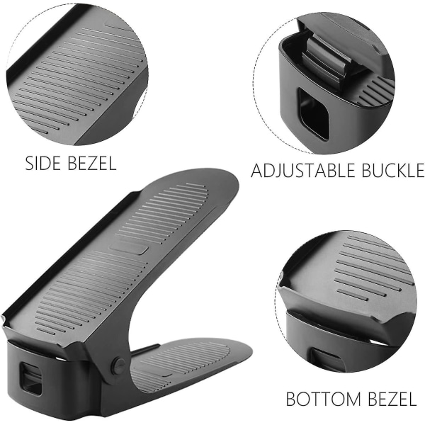 10-pack Skostackare, 6,5 cm/10 cm/15 cm Skoställ, PP-material Skoforvarare, Justerbar platsbesparande, Dubbelskikts skostack, Halksäker (svart, 10)