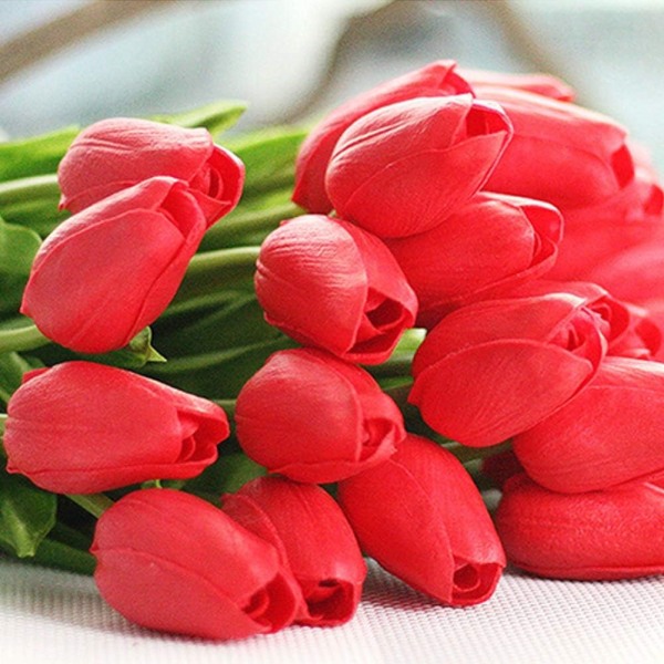 24 stk. Kunstige Tulipaner Real Touch Tulipaner Kunstige Blomster Bryllupsbuket til Hjemmebryllupsdekorationer (Rød)