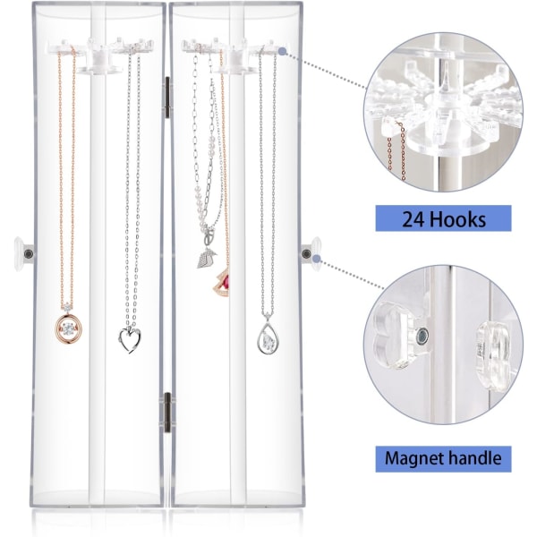 Spinning Tubular Akryl Smykkeopbevaringsholder, Roterende Organizer - 24 Kroge til Klædning - Holder Halskæder, Armbånd Klar