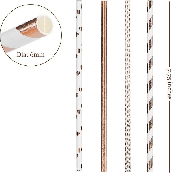 Biologisk nedbrytbare Roségullpapir sugerør i bulk, pakke med 100 metalliske folie stripete/bølge/hjerte sugerør Kompatibel med bursdag, W