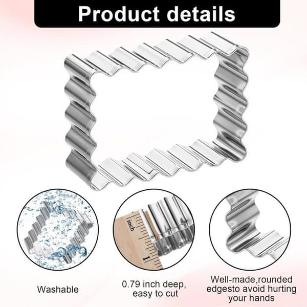 Cookie Cutters - Set of 6 - Stainless Steel - Fluted Edges - Baking and Crafting - 3 Square and 3 Rectangular
