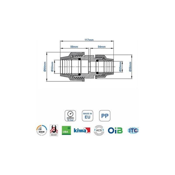 Compression Fitting for 32mm x 25mm MDPE/PP Pipe - Connection for 32mm x 25mm Compression Fitting PE Water Pipe - PN16 Plumbing Fittings for PE80