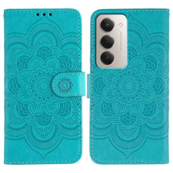 TKdaddy Cover til Xiaomi Redmi 15 5G PU Læder Mandala Præget Design Pung Telefoncover med Håndledsrem Blå