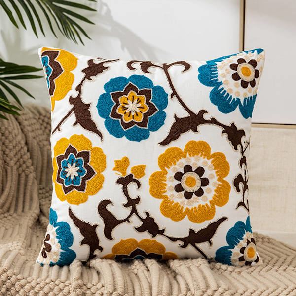 Decorative Pillowcase, Square Embroidered Throw Pillows, Modern Plant and Flower Pattern, Model 2