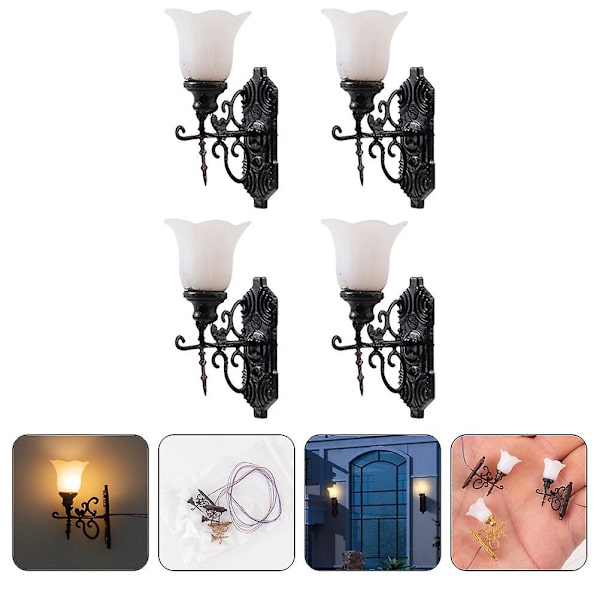 4 kpl Miniatyyrimalli Junat Puutarha Seinälamppu Rautatie Junan Lamppuposti Valo Vintage Led Seinälamppu Tarvikkeet Black 1.7X2.5CM