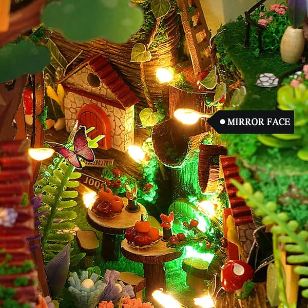 DIY Boghjørne Kit - Miniature Træhus med Møbler og LED-Lys - Ildflueskov