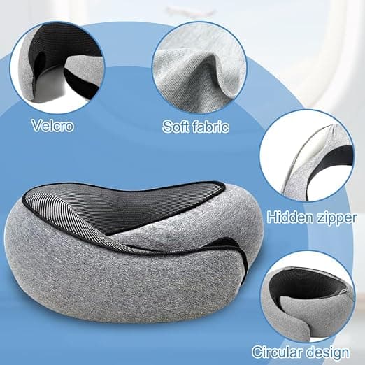 Memory Foam Neck Pillow for Airplanes - 360° Adjustable Neck Angle, Includes Eye Mask and Earplugs (Light Gray)