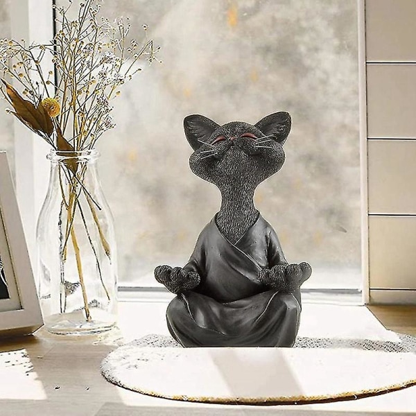 Cat Meditating Yoga Pose Cat Figurines Home Desktop Ornament(black)