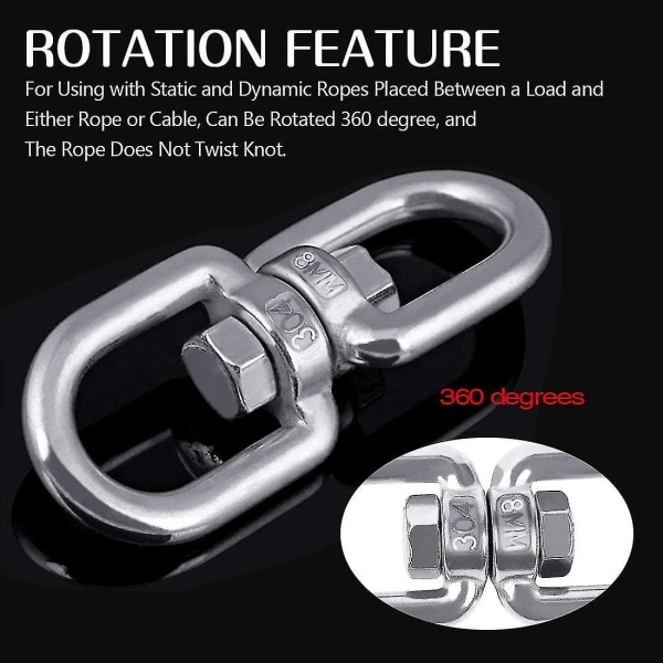 6 stk. M8 304 Rustfrit Stål Drejelig Ring Dobbelt Endet Drejelig Øje Krog M8 Karabiner Hængende Hængekøje Ha