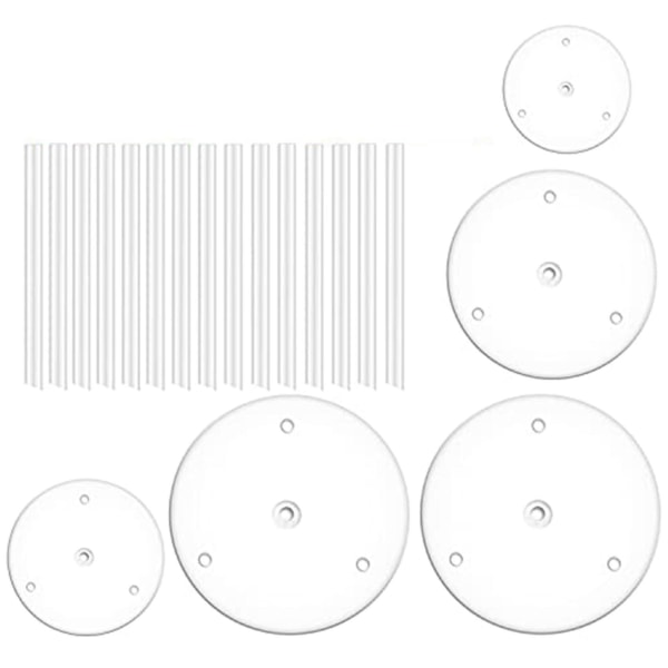 Kakeplate, 5 kakefat, kakebase (9/12/16/20/20 cm) med 15 dowel-stenger, gjenbrukbar kompatibel med lagdelt stabling