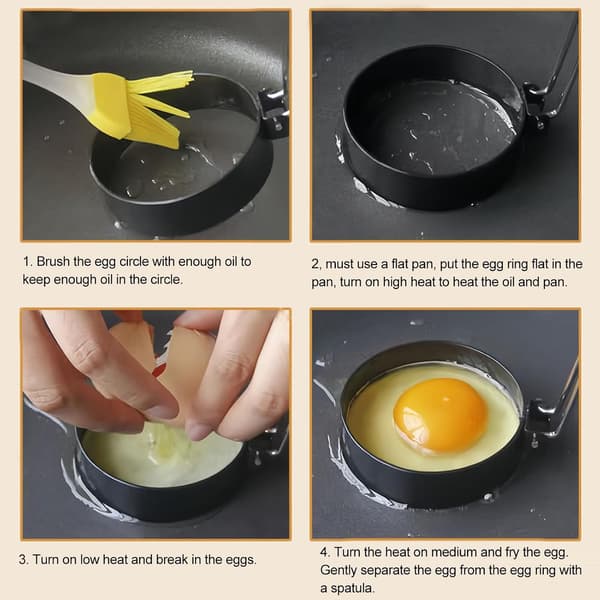 1 stk. Eggeringer for steking, stekering i rustfritt stål, non-stick eggstekeringer, 4 former stekte eggformer (Rund)
