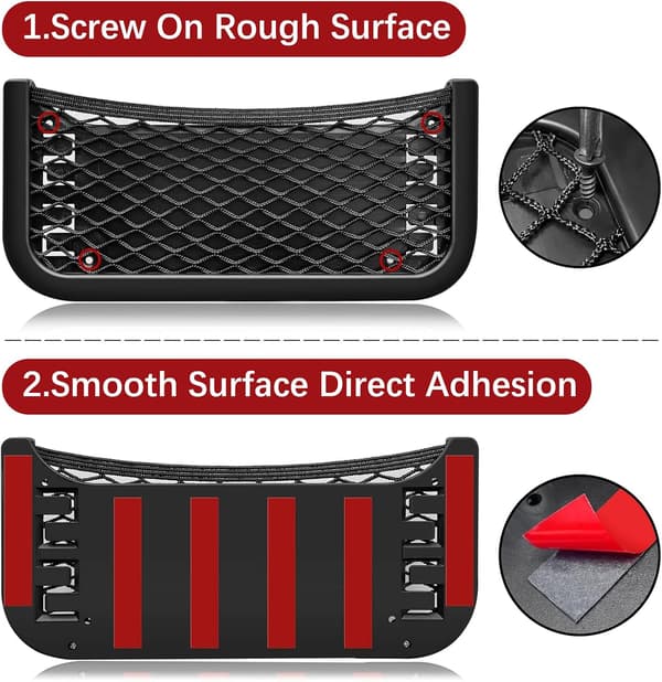 Car Storage Net, Universal Multifunctional Self-Adhesive Mesh Storage Bag, Back Seat Storage Net, with 8 Screws and 4 Elastic Bands