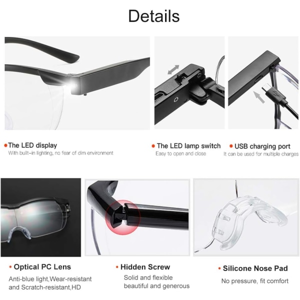 LED-lesebriller Forstørrelsesbriller med 2 lysdioder, USB 1-linse, 8 ganger (300 grader) anti-blått, alt presisjonsarbeid, reparasjoner, sying, klokker og håndverk