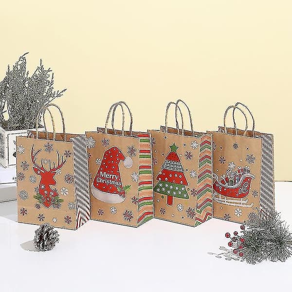 24-pack julpresentpåsar i kraftpapper, 4 olika stilar, julpåsar i papper med handtag, julklapp