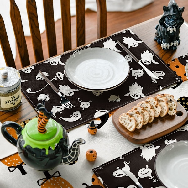 Svart Halloween Placemats Sett med 4, Høst Bordmatter for Utendørs Hjem Fest Kjøkken Spisestue Dekorasjon
