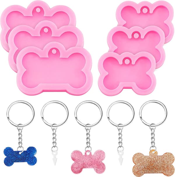 6 Pieces with 10 Pieces Large Keychain Dog Bone Silicone Mold