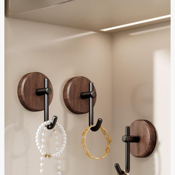 Self-Adhesive Wooden Hooks for Wall, 4-Pack Farmhouse Decor Natural Dark Walnut Hooks