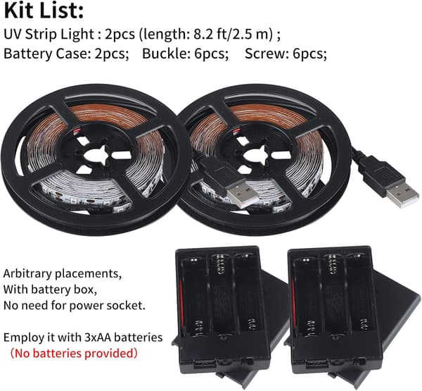5m USB Sort Lysstrimmel med Batteriboks, 5V LED Sort Lysstrimmel 300LED til Selvlysende, 385-400nm til Halloween Fødselsdagsfest