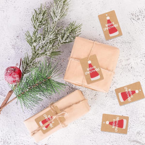 God Jul Presentetiketter - 3x5CM Kraftpapper Presentetiketter - Jul Brun Pr