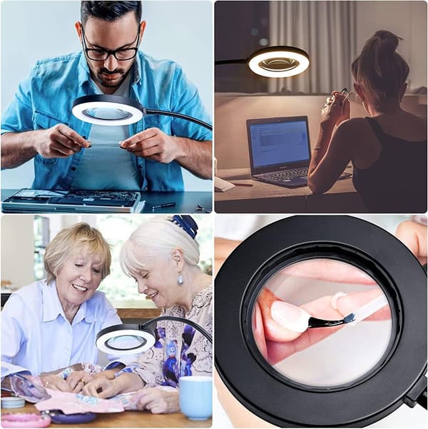 Magnifying Lamp, Dimmable Magnifier with Light and Stand, 3 Modes, Brightness Magnifying Lamp