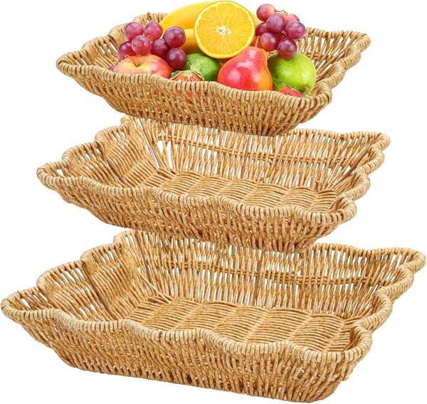 3-pack poly-korgar för bröd, rektangulära bordskorgar i imiterad rotting för frukt, grönsaker och snacks