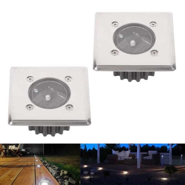 Sett med 2 solcelledrevne LED-innfelte markspotter, firkantede 8,5x8,5cm
