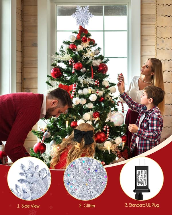 Christmas Tree Topper with Built-in LED Rotating Snowflake Projector Light, 9.6” Hollow Silver Sequin Christmas Tree Star for Indoor Use