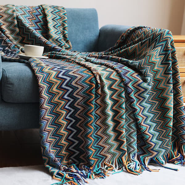 Boho-pledd i strikket design med dusker for utendørs bruk, (blå 50x60