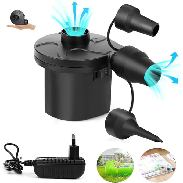 Elektrisk oppblåser, DC 12V elektrisk luftpumpe AC 230V bærbar elektrisk luftpumpe 3 dyser oppblåser (ingen batteri)