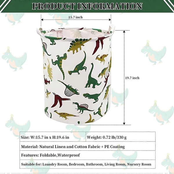 Large Foldable Waterproof Fabric Laundry Basket with Handles, Boys' Laundry Hamper with Dinosaur Motif