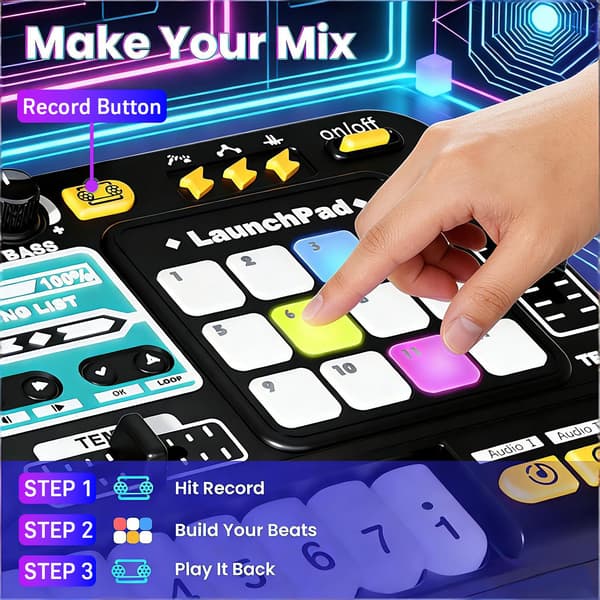 Multifunktionelt DJ-mixercontrollersæt til børn, med LED-lys, lydeffekter, en mikrofon og et DJ-keyboard i klaverstil; en