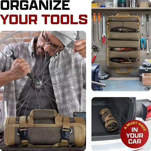 Tool Roll Up Bag - Heavy Duty Roll Up Organizer med 6 Tool Bags, Tool Roll Up Organizer for motorsykkel og lastebil