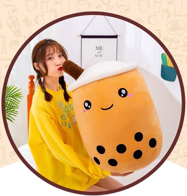 Fluffy Plush Pillow (Brown Smiling, M 13.8\"), Creative Bubble Milk