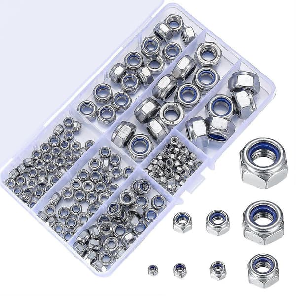 170 Pieces Lock Nut Assortment, Stainless Steel Self-Locking Lock Nut, Hex Nuts, M3 M4 M5 M6 M8 M10 M12 Threaded Inserts, Nylon Lock Nuts
