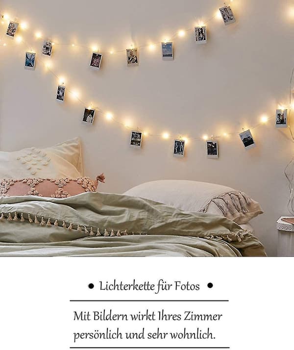 10m 100 LED-lys med 50 klemmer for bilder, varmhvit