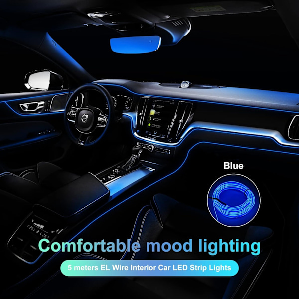 Billamper för interiör, 5m LED-ljusremsa för bil, 5V Auto LED-remsa för interiör, Passar alla bilmodeller Stämningsbelysning (Blå)