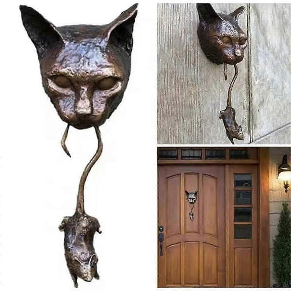 Cat and Mouse Wall Hanging Door Knocker Sculpture Brown Cast Front Door Decor Handmade