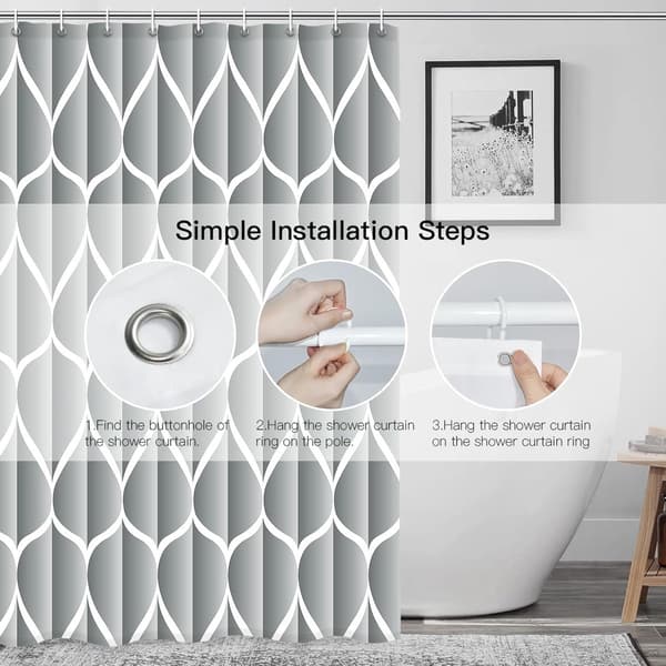 Shower Curtain 120x200 cm, Waterproof Quick-Drying Polyester Fabric, Machine Washable With 8 Hooks, For Bathtub And Shower, Grey Patterned