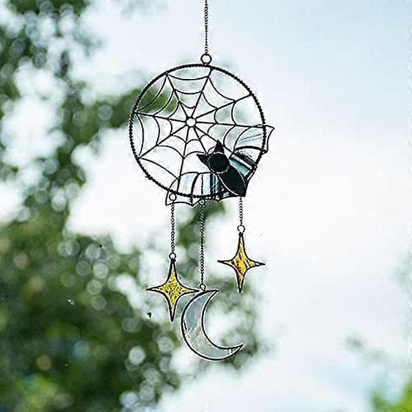 Bat Dream Catcher Halloween Horror Bat Moon Suncatcher with Star Moon Pendant Home Decor