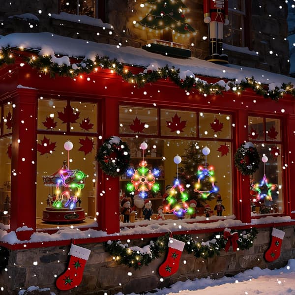 5-pack Christmas Window Lights Decorations with Timer, Battery Operated Hanging Warm White Lighted Snowflake Tree Star Deer Bells Shaped LED String Lights