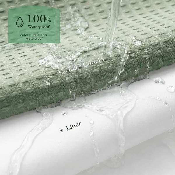 Double-layer Shower Curtain without Hooks - 180×190 cm - Honeycomb Pattern - with Inner Liner - Semi-transparent Voile Window - Magnetic Hem Blue Blue