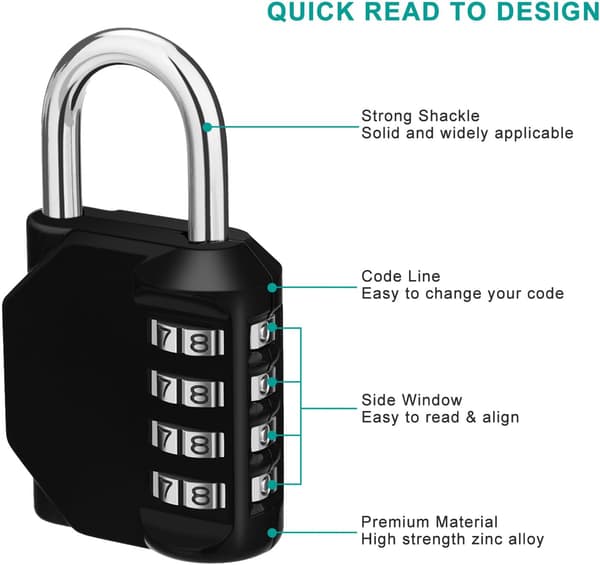 Combination Padlock, 4-Digit Code Lock, Gym Lock, School Locker Lock, Weatherproof Outdoor Combination Lock