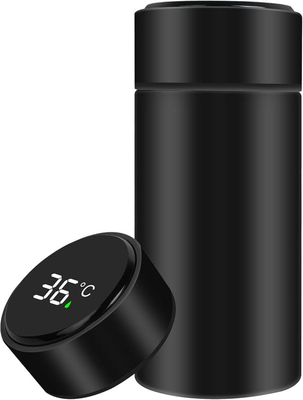 Mini Rustfri Isoleret Vandflaske, 300 ml Smart LED Temperaturdisplay, Lækagesikker, til Løb, Skole, Kontor | Sort