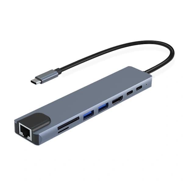 8-port USB-C-hubb med USB, UBC PD, HDMI, RJ45, minneskort Grå