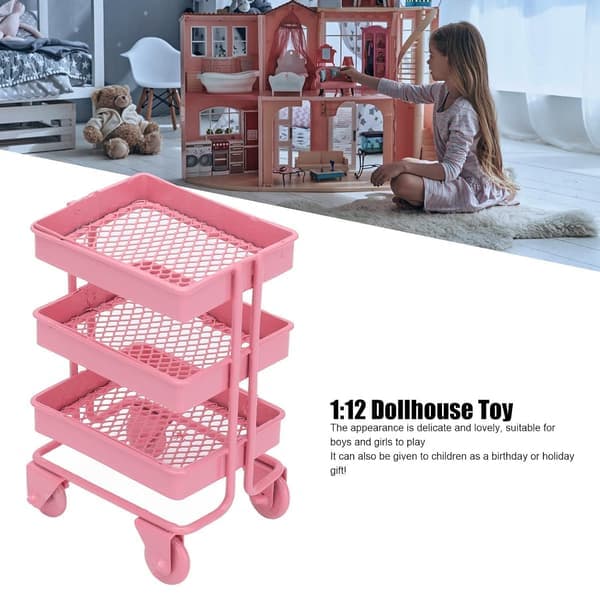 Rolling Storage Cart with Metal Trolley, Multifunctional Three-Tier Storage Organizer with Perforated Basket Bottom, Sturdy and Pink
