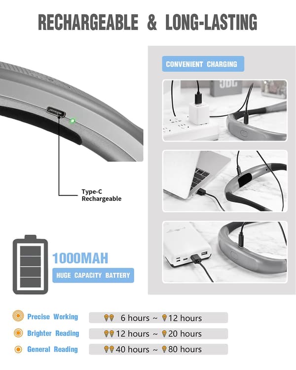 Rechargeable Neck Reading Light, Bed Reading Lamp, 3 Colors, 6 Brightness Levels